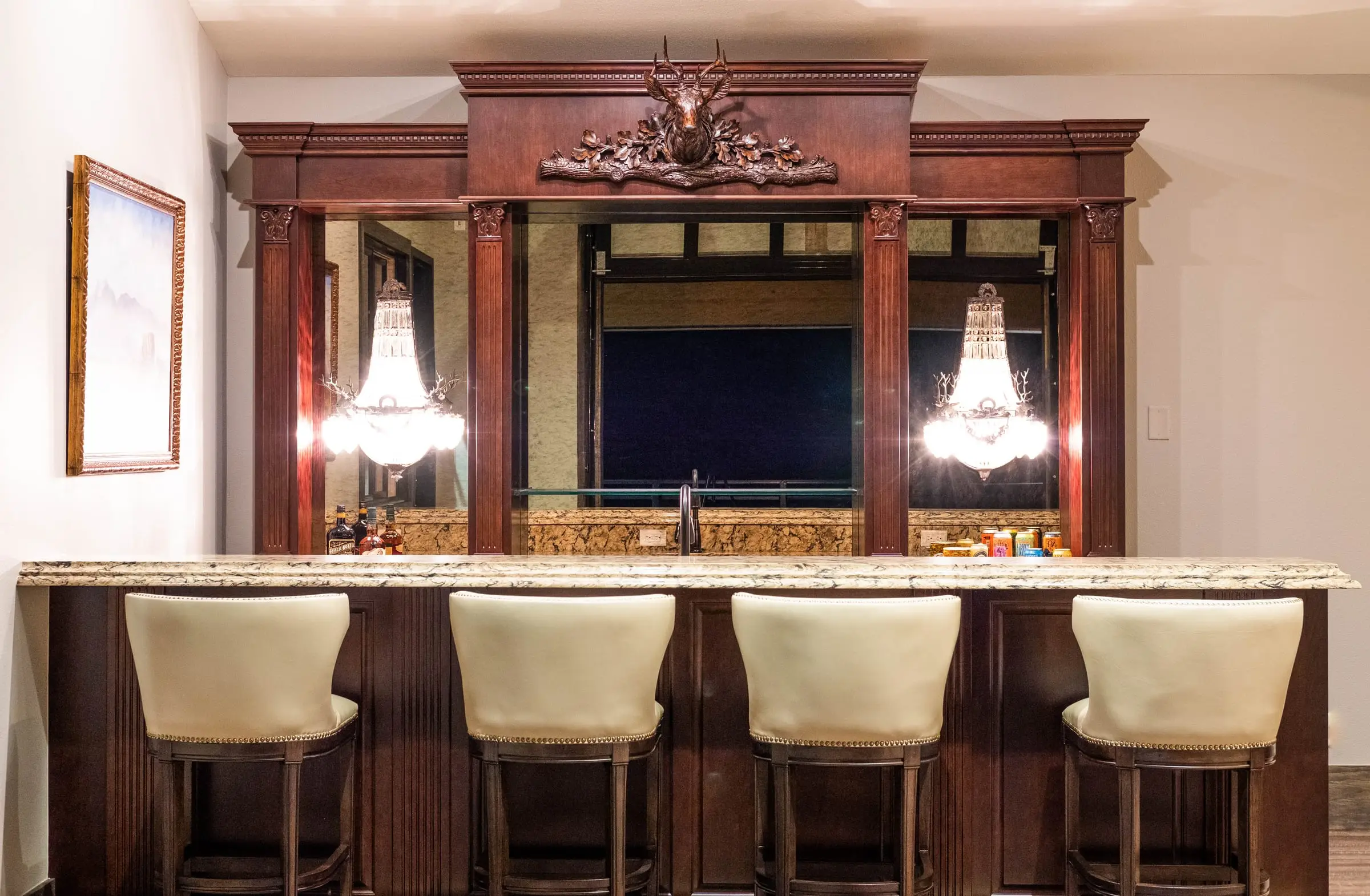 The member clubhouse bar with a chandelier