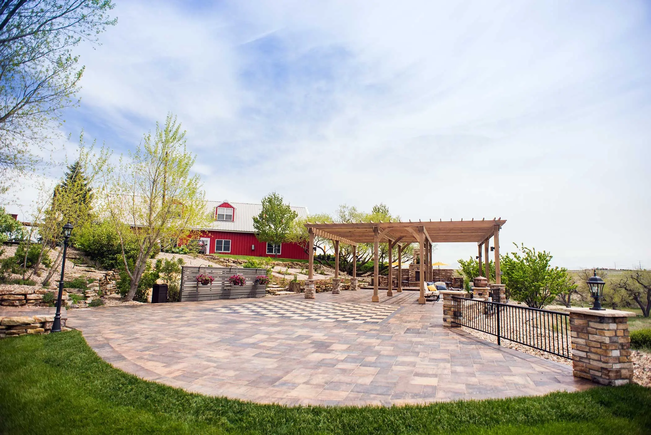 The grand patio with pergola and fireplace